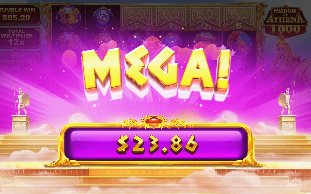 Win screen after tumbles, with the sequence total on display